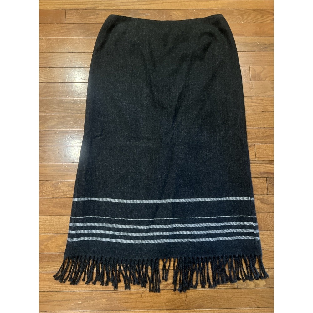 Nine & Company Womens 14 Fringe Midi Skirt Black Gray Striped Wool Blend Career
